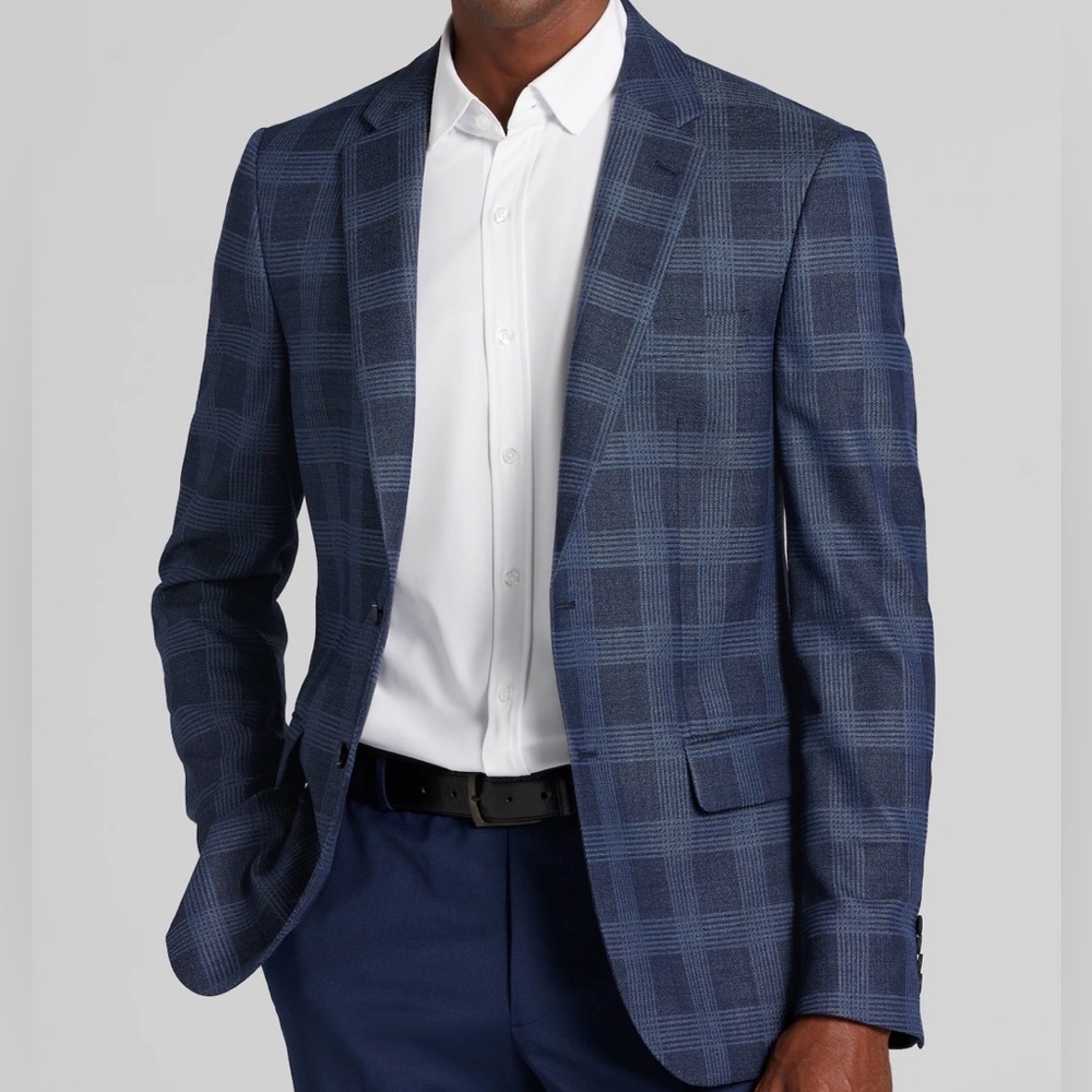 New*JoS.A.Bank Tailored Fit Navy Plaid 2 button blazer~Size:46R~wool/linen blend